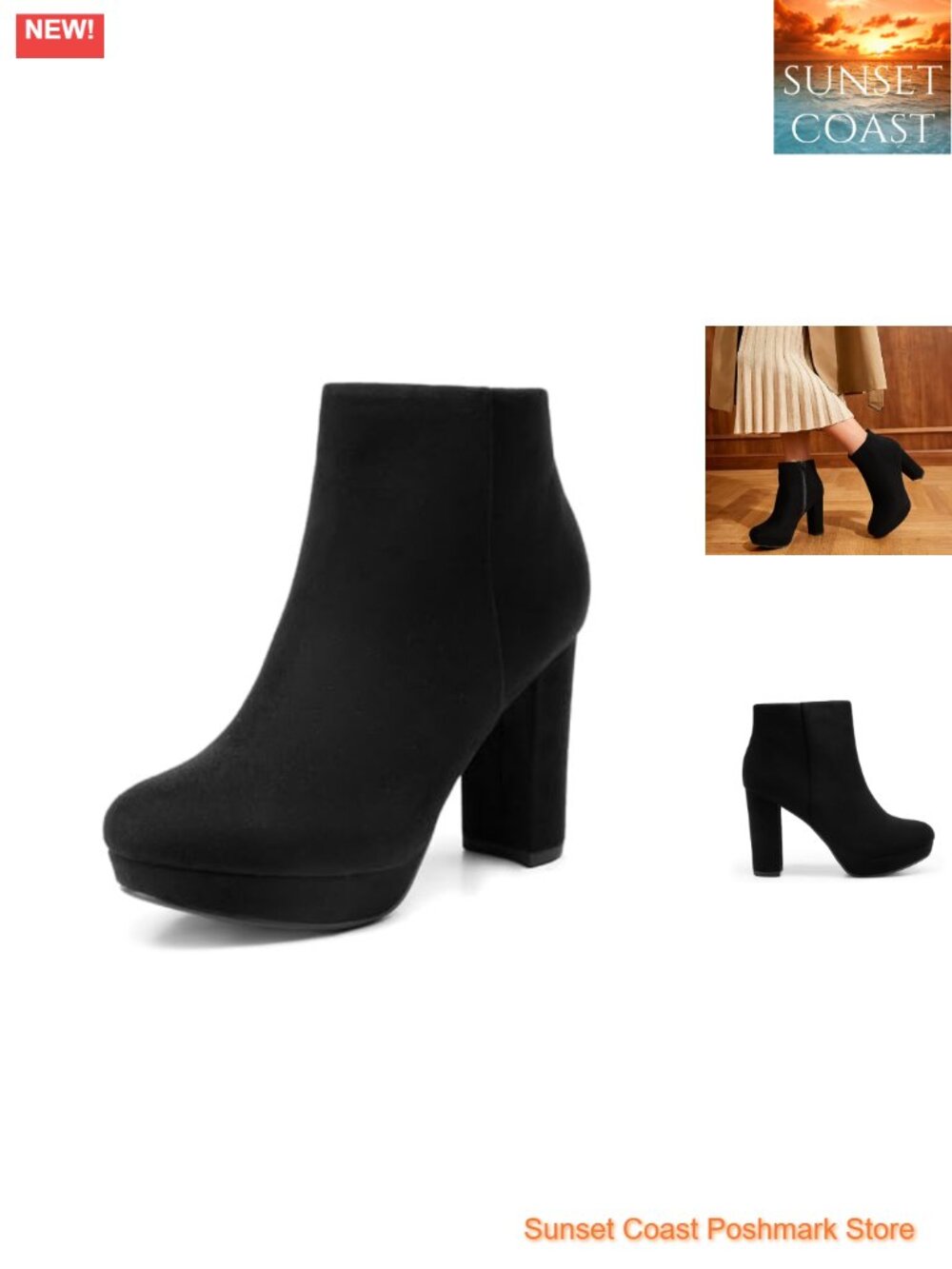 Women's Suede High Block Heel Ankle Booties Side Zip